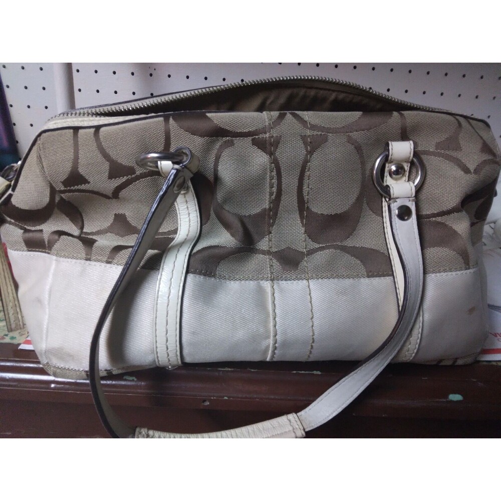 Vintage khaki And White Canvas Handbag